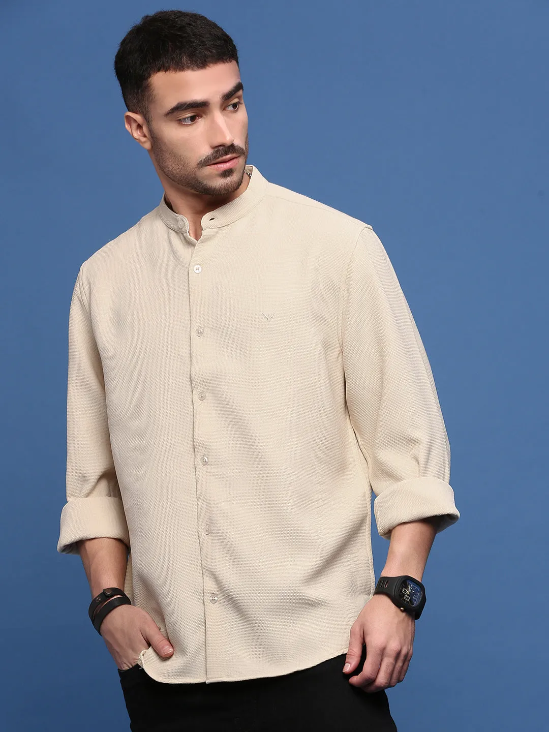 Men's Beige Solid Slim Fit Casual Shirt Eco Wear