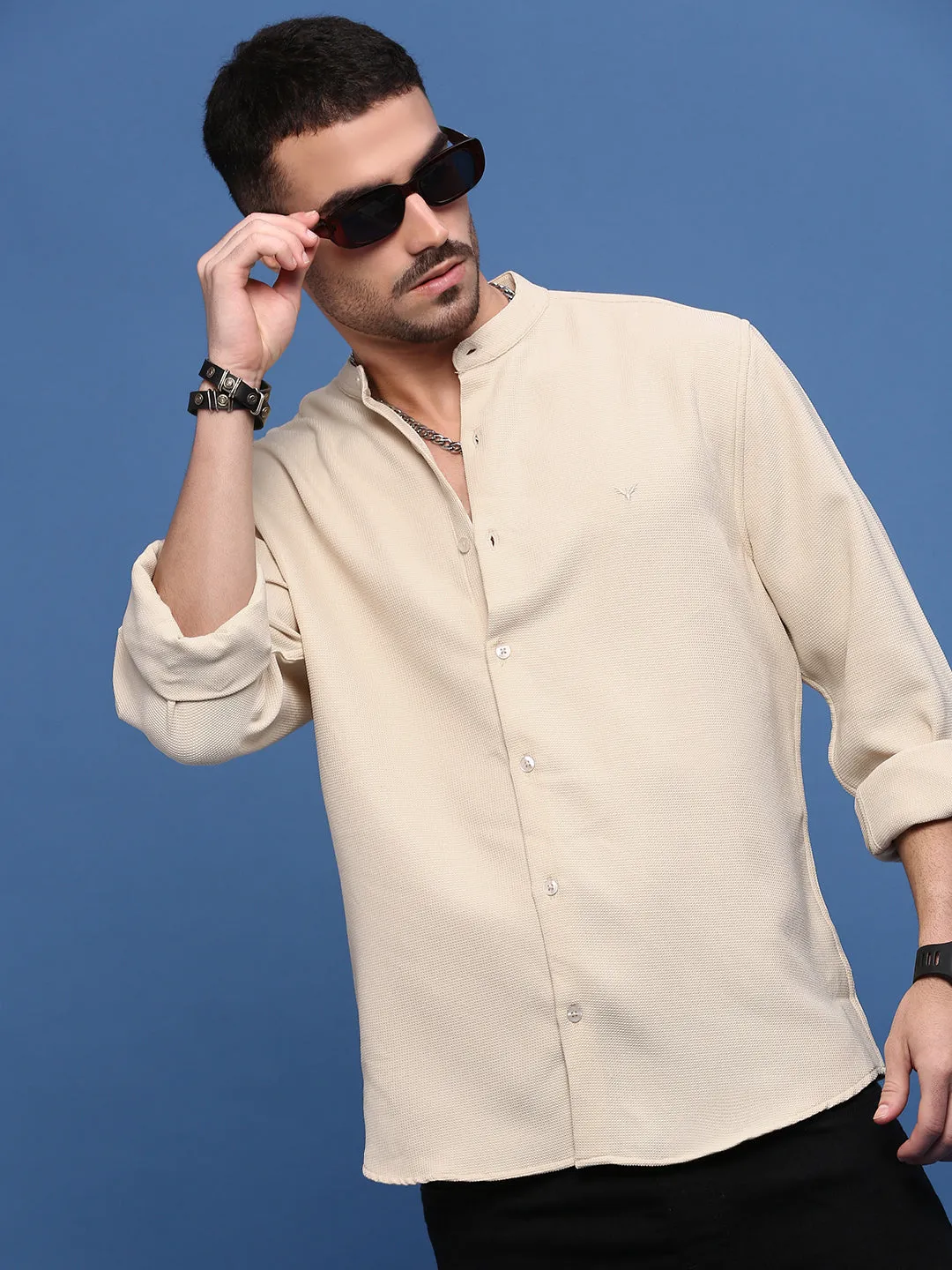 Men's Beige Solid Slim Fit Casual Shirt Euro Mood Fashion Accessory