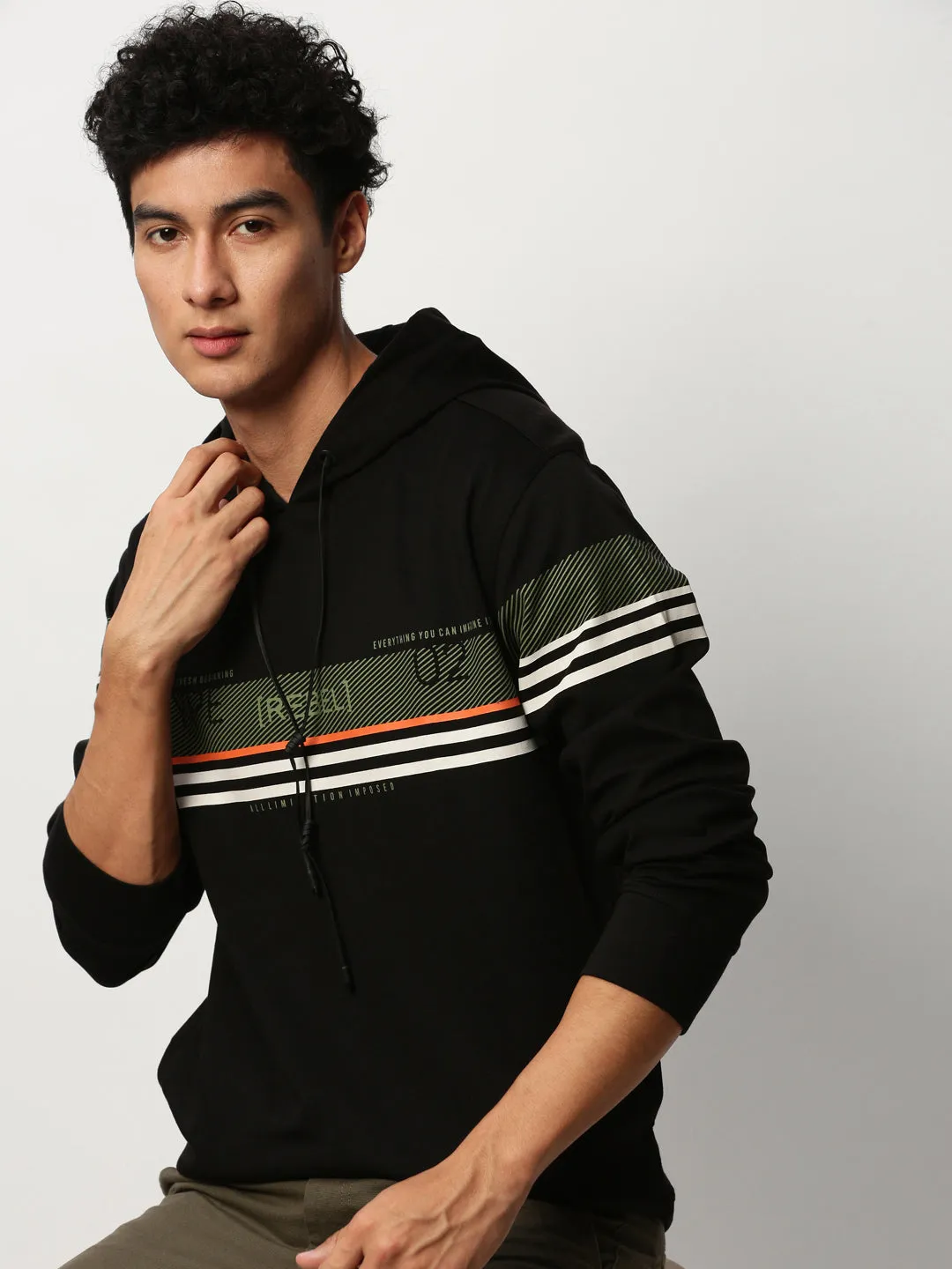 Urban Trend Men's Black Striped Hooded Cotton Sweatshirt