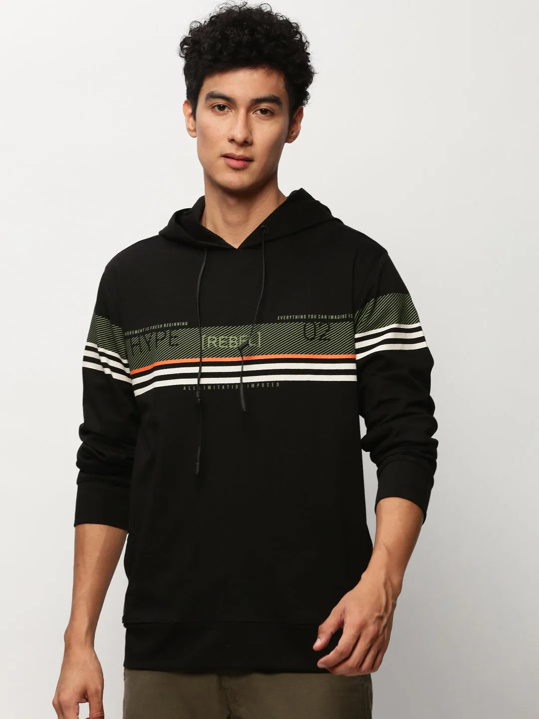 Men's Black Striped Hooded Cotton Sweatshirt Earth Tones Street Style