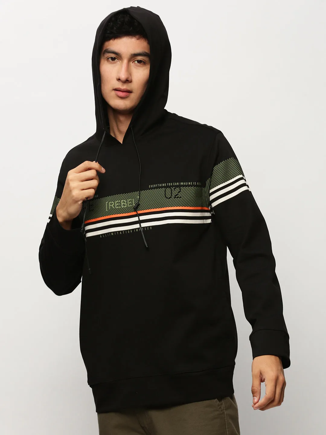 product surfing suitability Washable Men's Black Striped Hooded Cotton Sweatshirt