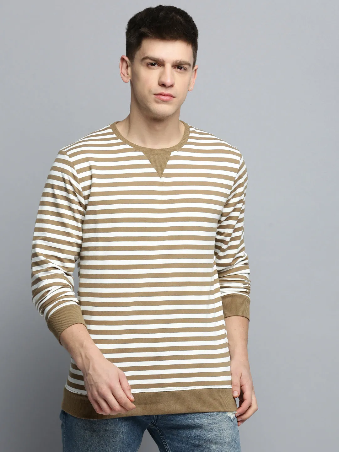 Men's Taupe Striped Pullover Sweatshirt Chill Comfort