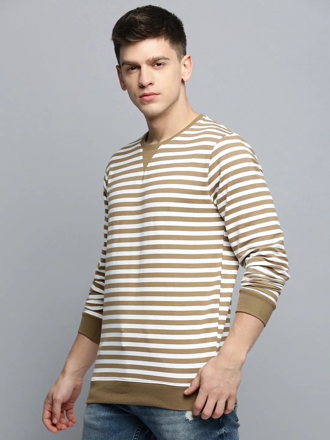 Windproof Design Essential Outerwear Men's Taupe Striped Pullover Sweatshirt