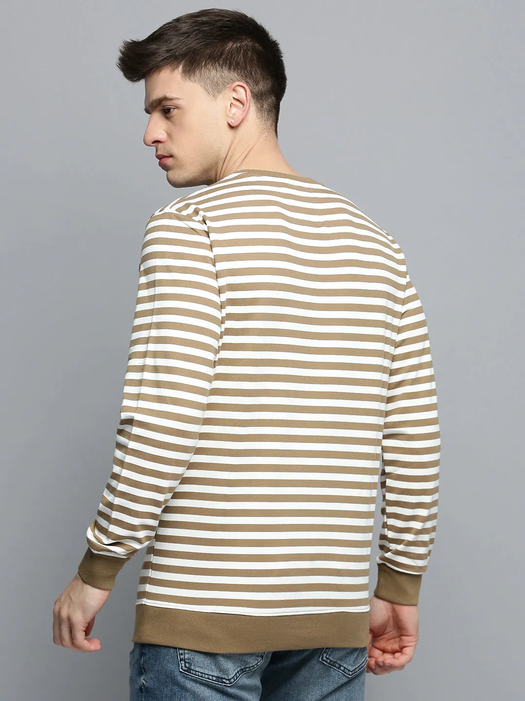 Water Resistant label accents Men's Taupe Striped Pullover Sweatshirt