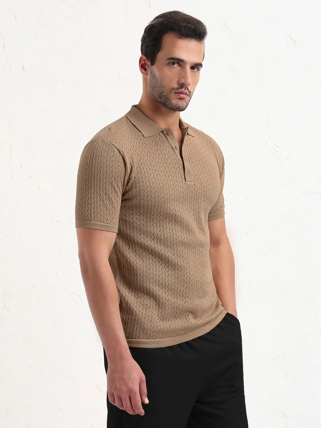 Men's Textured Brown Short Sleeve Polo T-Shirt Adult Size