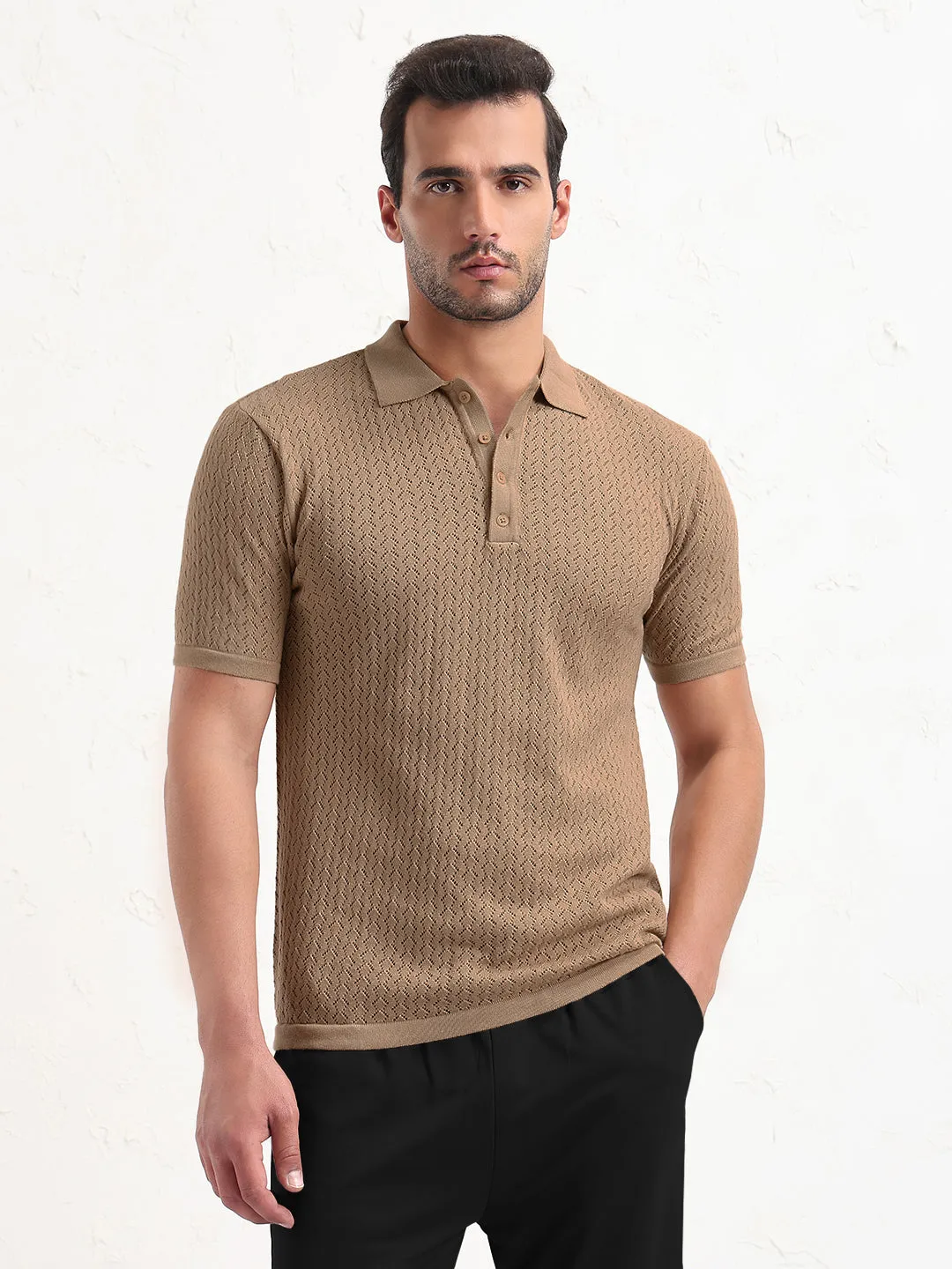 comfortable for standing goes with leggings Men's Textured Brown Short Sleeve Polo T-Shirt