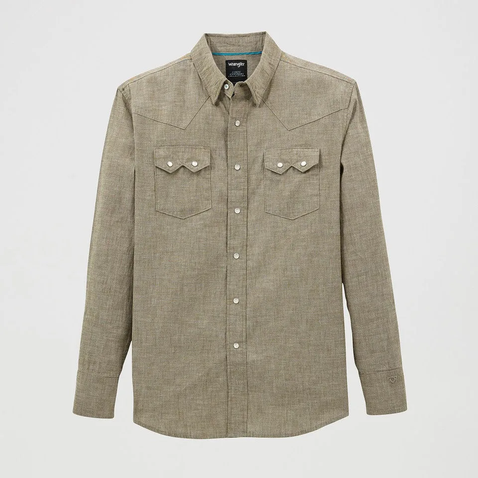 Wrangler Men's L/S Cody Johnson Sawtooth Pocket Western Snap Shirt in Olive Light Breeze City Fashion Look
