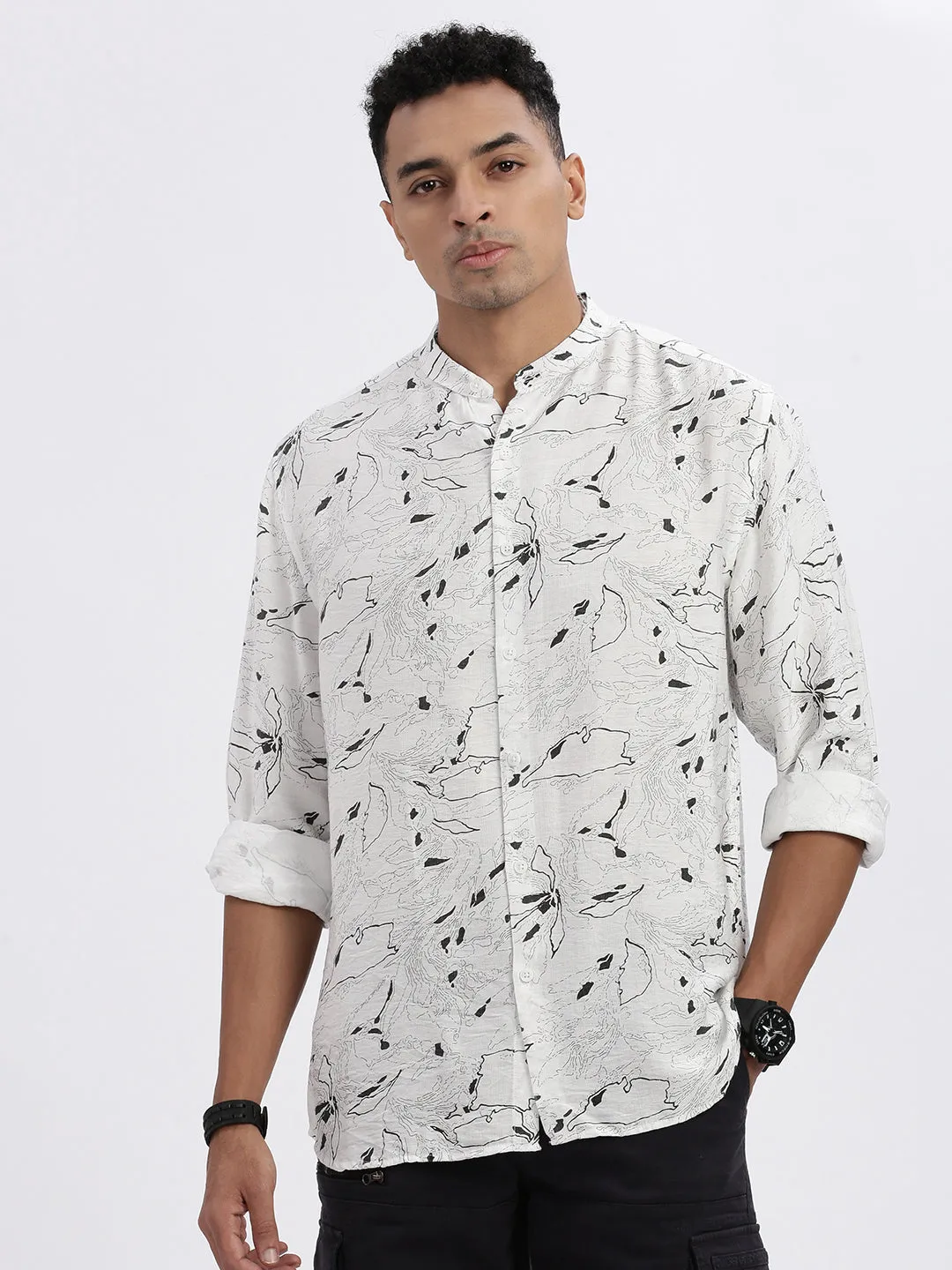 Men's White Premium Mandarin Collar Abstract Printed Cotton Slim Fit Casual Shirt Polish Glow