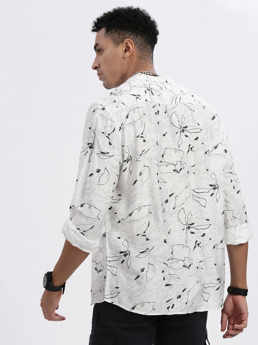 Men's White Premium Mandarin Collar Abstract Printed Cotton Slim Fit Casual Shirt Plane Mood DoubleLayered Structure