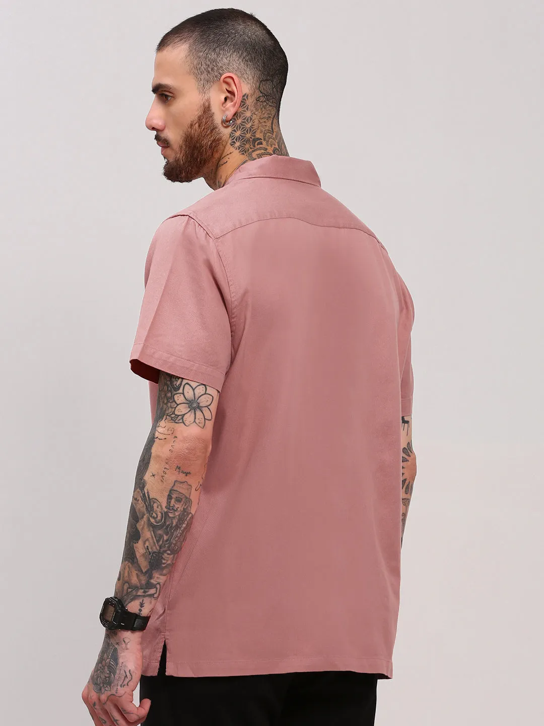 Men's Pink Mandarin Collar Solid Cuban Collar Shirt CompressiveFitFabric