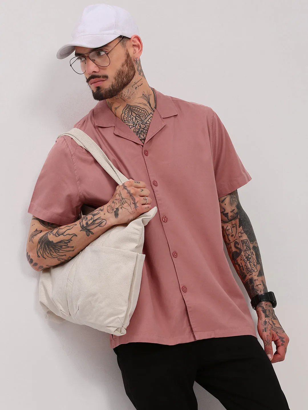 Street Fest AbrasionResistant Fabric Men's Pink Mandarin Collar Solid Cuban Collar Shirt