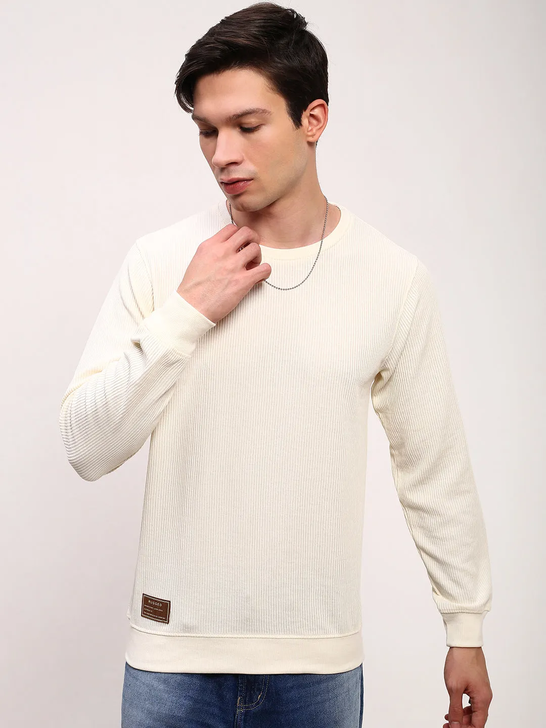 Fashion Forward product return policy Men's Cream Solid Slim-Fit Sweatshirt