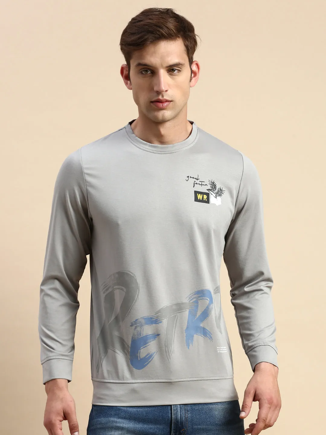 product lanyard visibility Men's Grey Typography Printed Sweatshirt