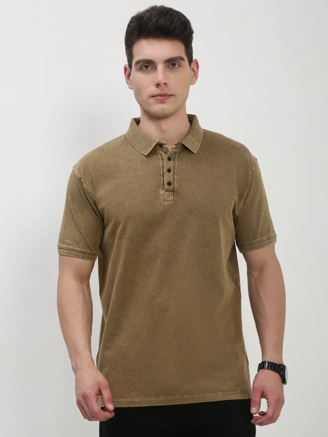 Men's Khaki Solid Polo Collar T-Shirt Water-Repellent Finish Street Comfort