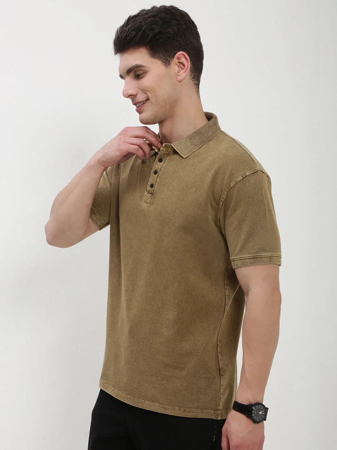 Men's Khaki Solid Polo Collar T-Shirt Youth Style Classic Fit