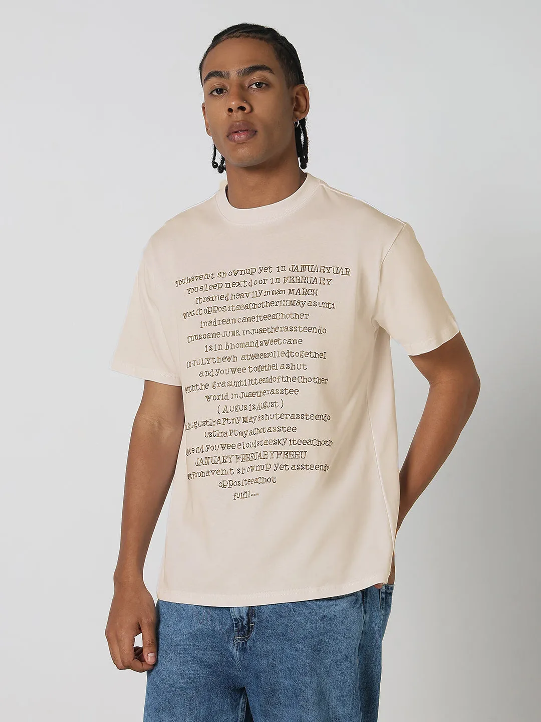Men's Cream Stone Embellished Typography T-Shirt Tulle Soul Legend Glow