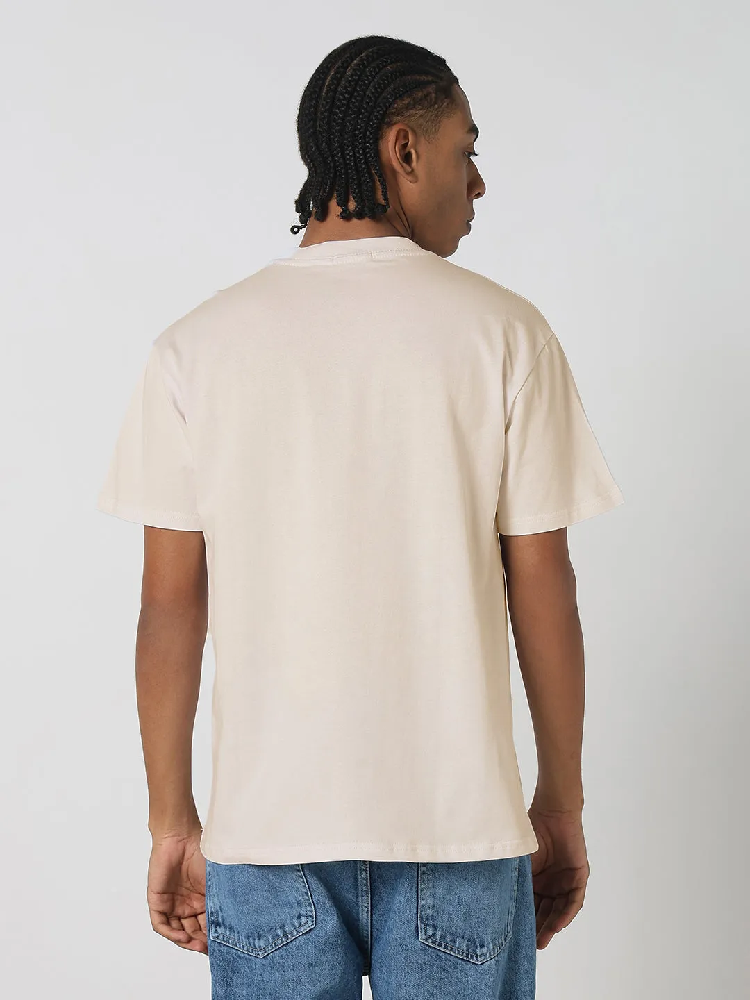 Men's Cream Stone Embellished Typography T-Shirt Relaxed Cut Cozy Sweatshirt