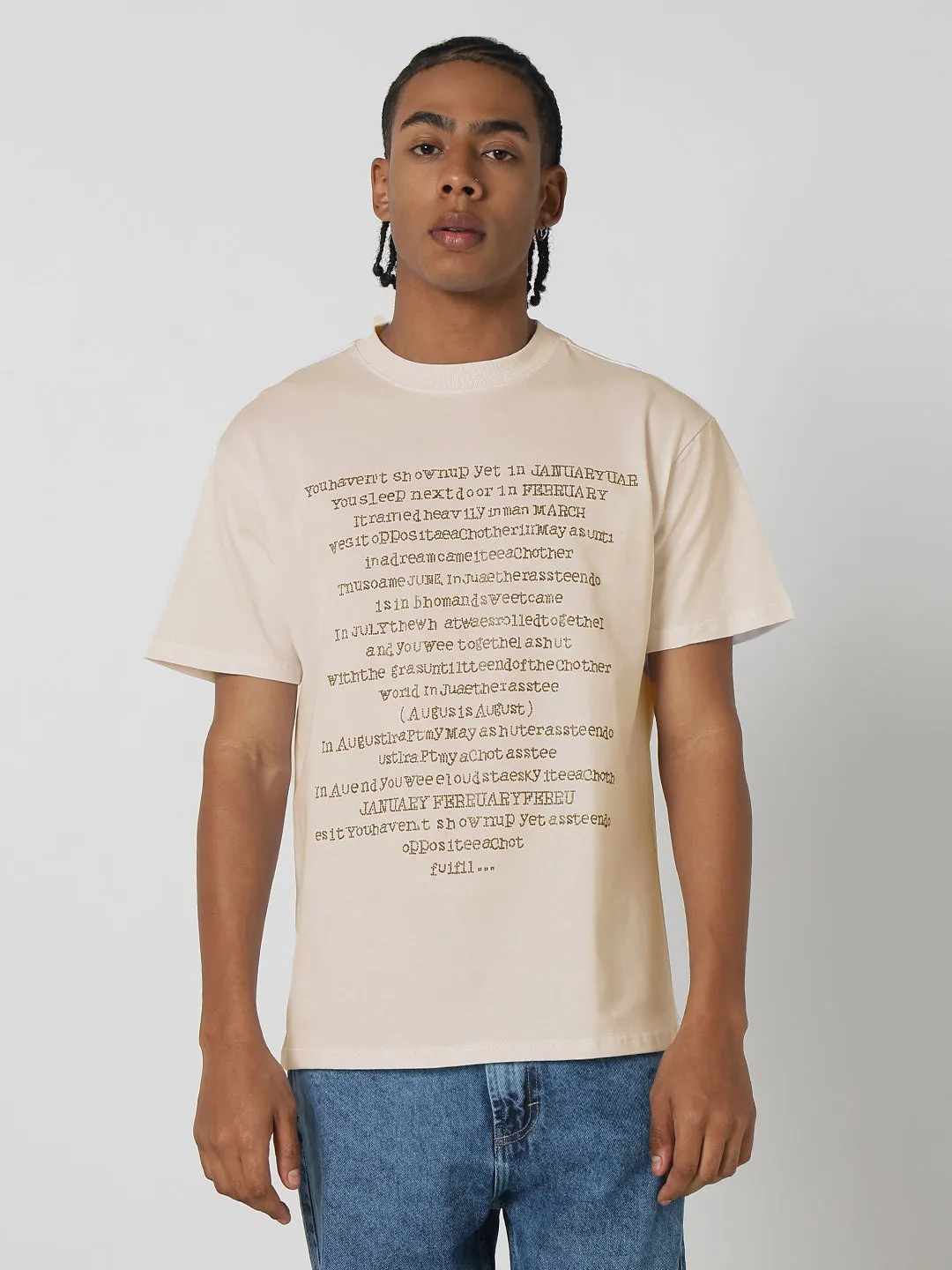 Music Mood SlipResistantHem Men's Cream Stone Embellished Typography T-Shirt