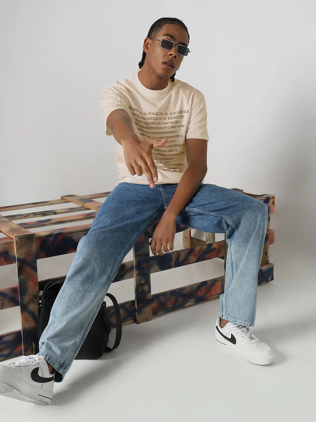 Men's Cream Stone Embellished Typography T-Shirt Casual Bottoms