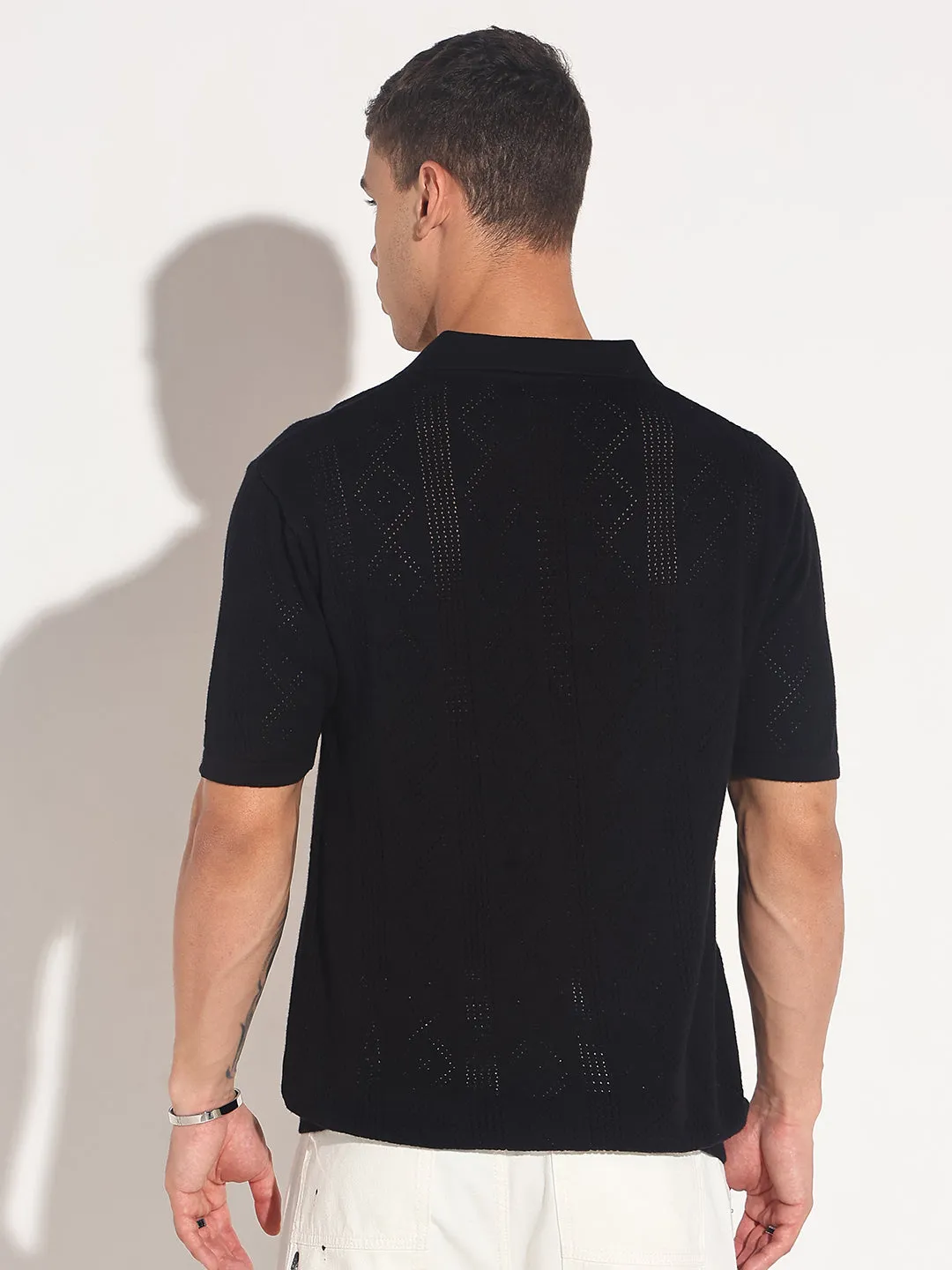 Men??s Textured Black Knit Polo T-Shirt with Open Collar Flight Fit Work Safe