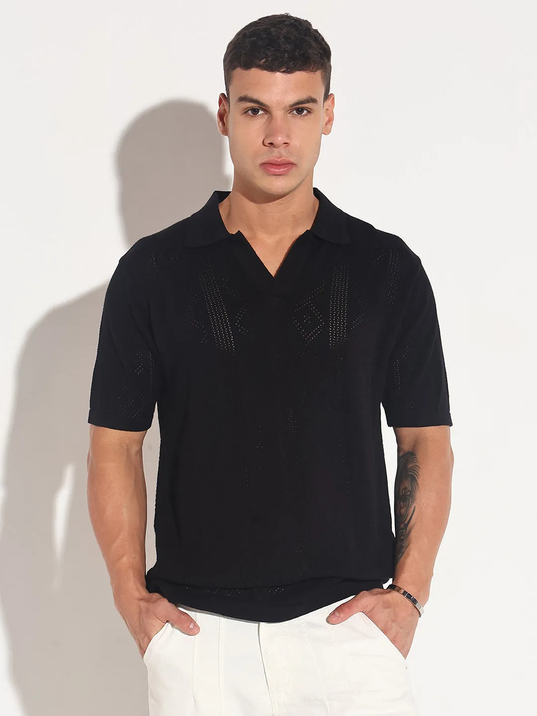 Men??s Textured Black Knit Polo T-Shirt with Open Collar AntiBacterialTreatment