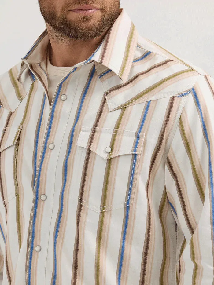Casual Vibe Wear Wrangler Retro Men's L/S Premium Stripe Western Snap Shirt in Natural (Available in Tall Sizes)