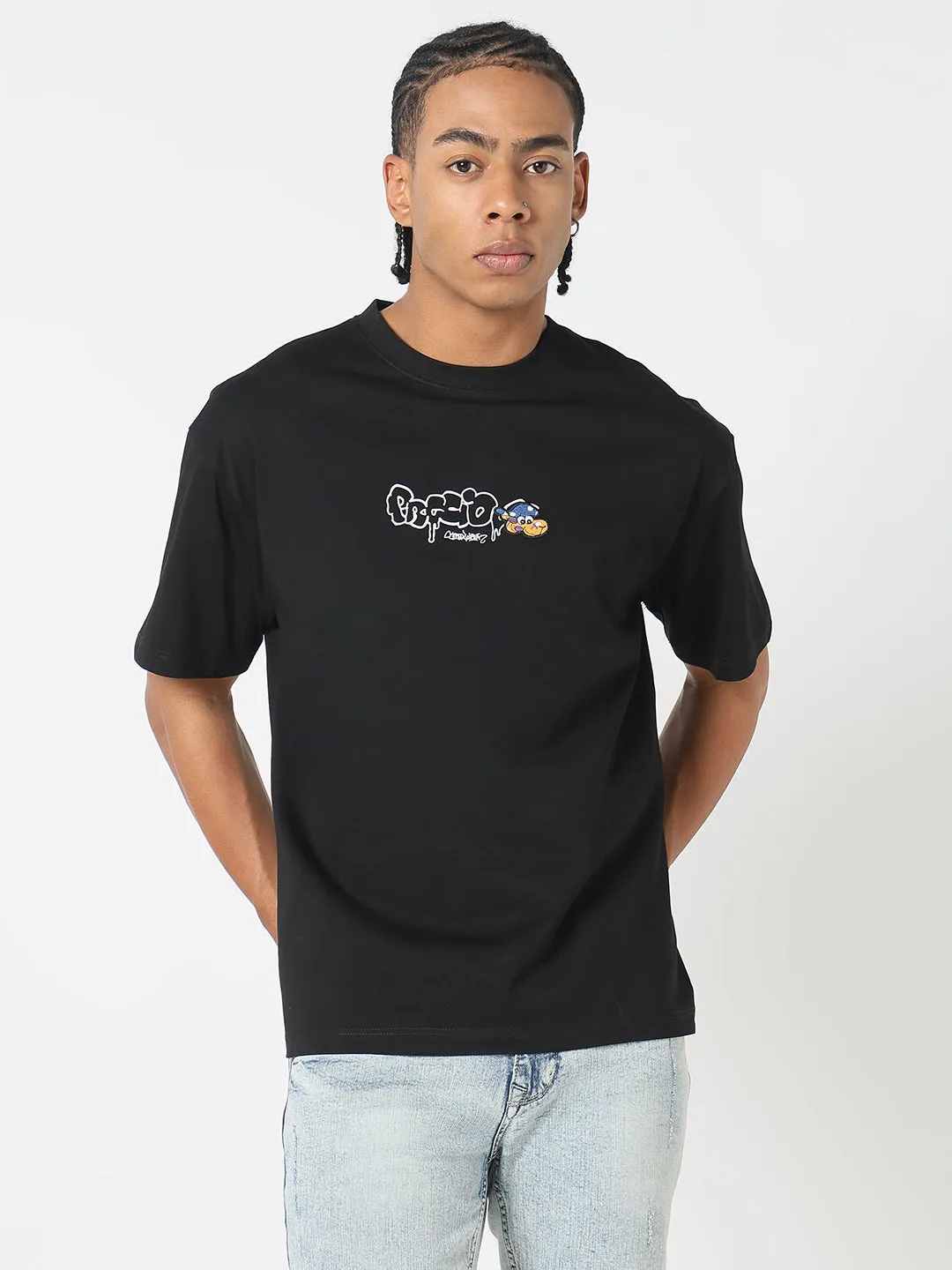 Seamless construction simple design Men's Casual Black Cartoon Graphic T-Shirt