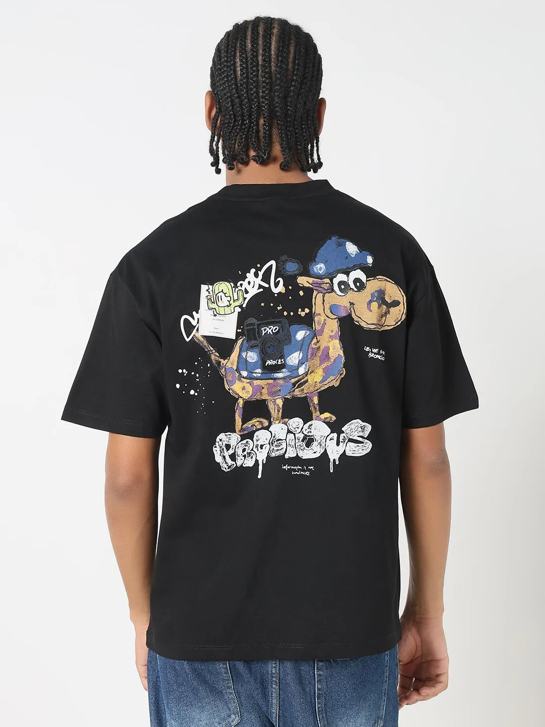 Men's Casual Black Cartoon Graphic T-Shirt DoubleStitched Seams