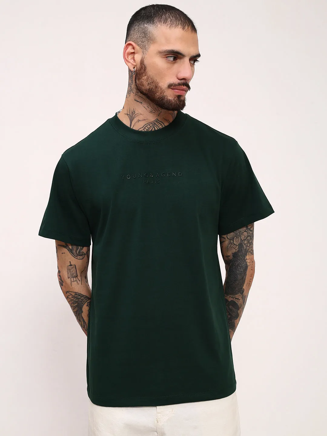 product wedding guest charm Men's Green Solid Typography Embossed T-Shirt
