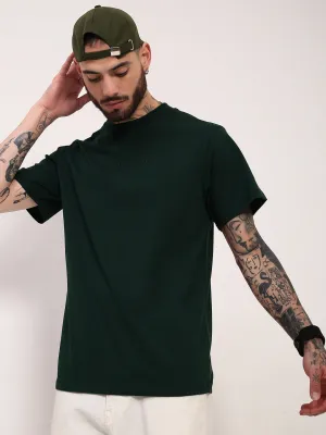 Men's Green Solid Typography Embossed T-Shirt Two-Tone Design