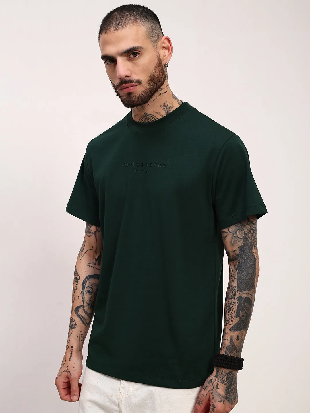 Men's Green Solid Typography Embossed T-Shirt Comfortable