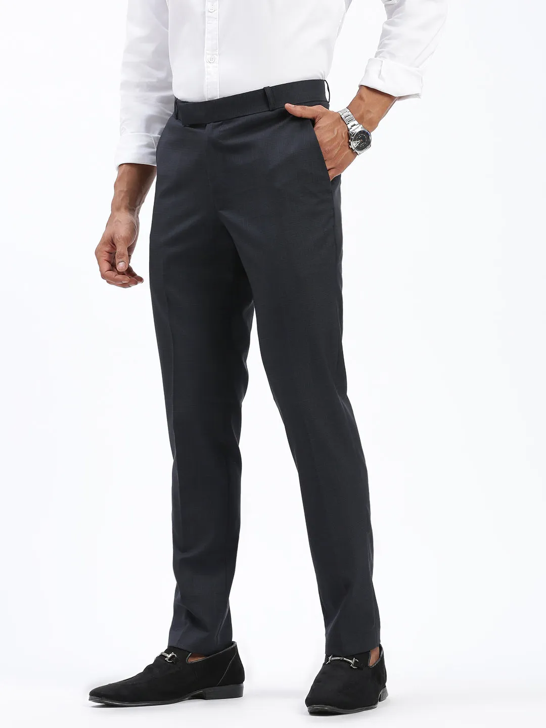 Men's Grey Solid Comfort Slim Fit Low-Rise Formal Cotton Trousers Comfy Fit