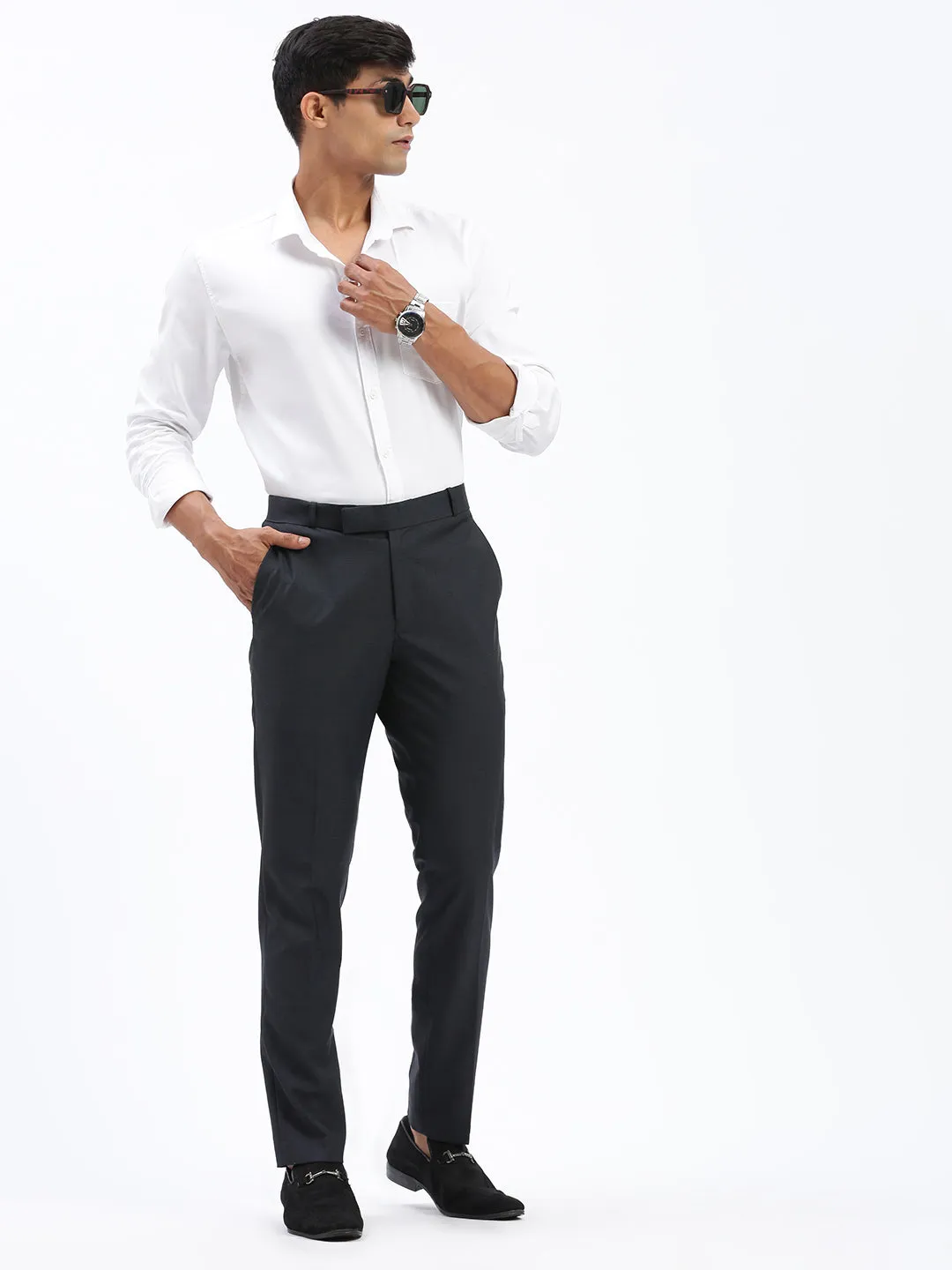 Men's Grey Solid Comfort Slim Fit Low-Rise Formal Cotton Trousers Anti Pilling Fabric