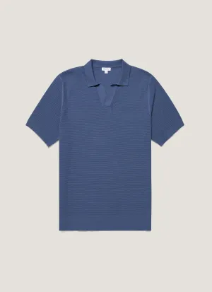 Men's Compact Mesh Knit Polo Shirt in Soft Denim Easy Layering LowImpact Knitting