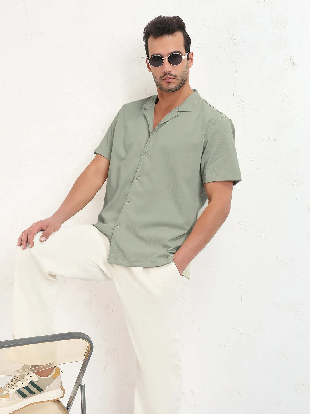 Men's Grey Cuban Collar Relaxed Fit Shirt HighCollar Style ZeroWaste Production