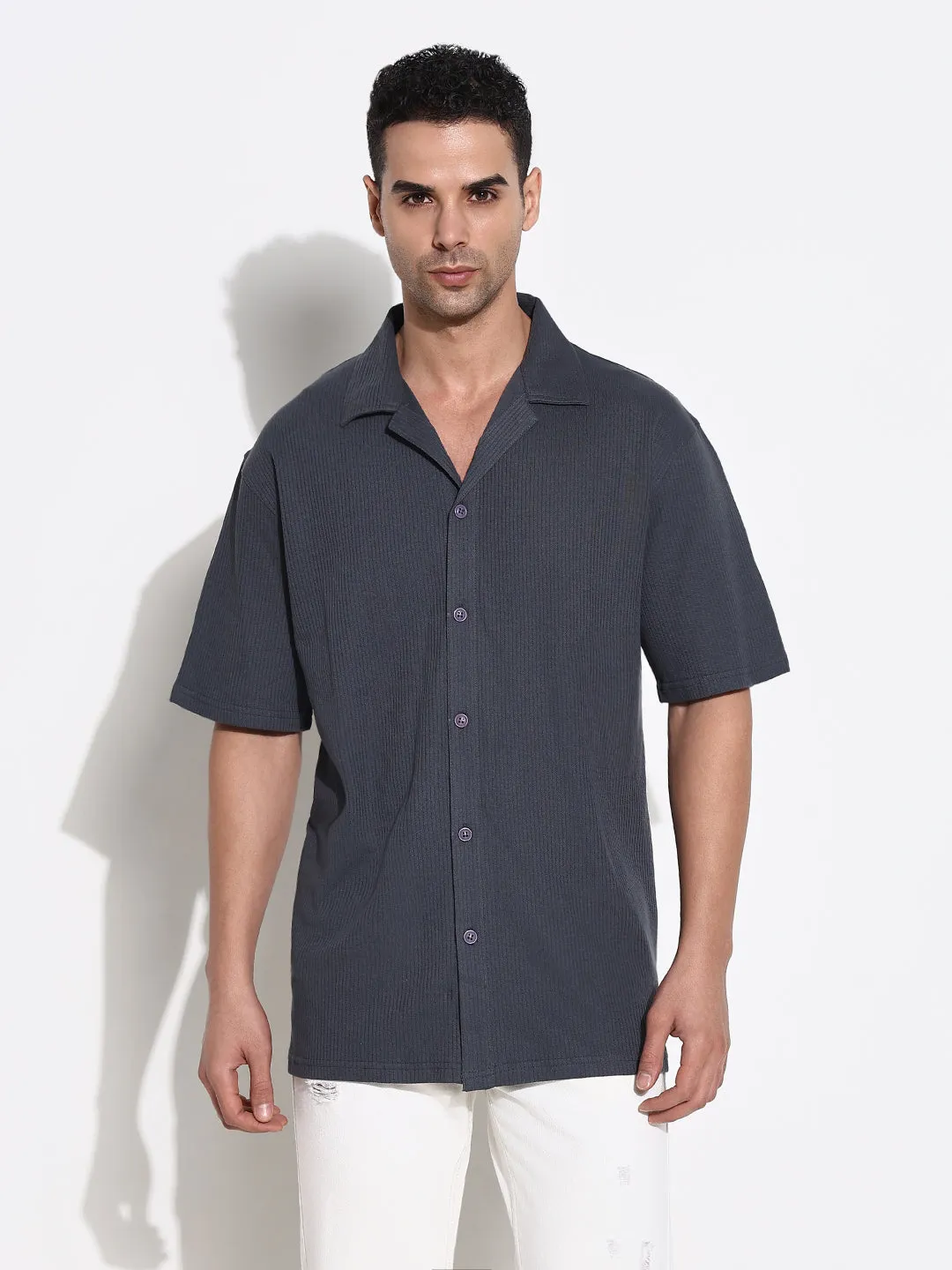 Shimmer Core Men's Grey Solid Cuban Collar Casual Shirt