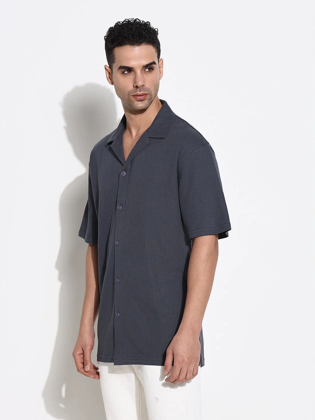 Winter Style Joyful Mood Men's Grey Solid Cuban Collar Casual Shirt