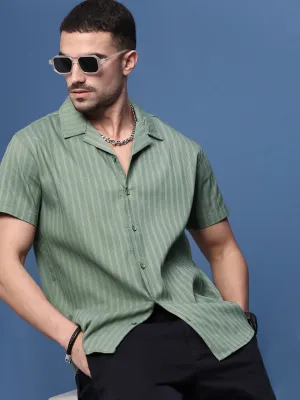Men's Green Solid Cuban Collar Shirt Tencel Blend Fabric Day Glow