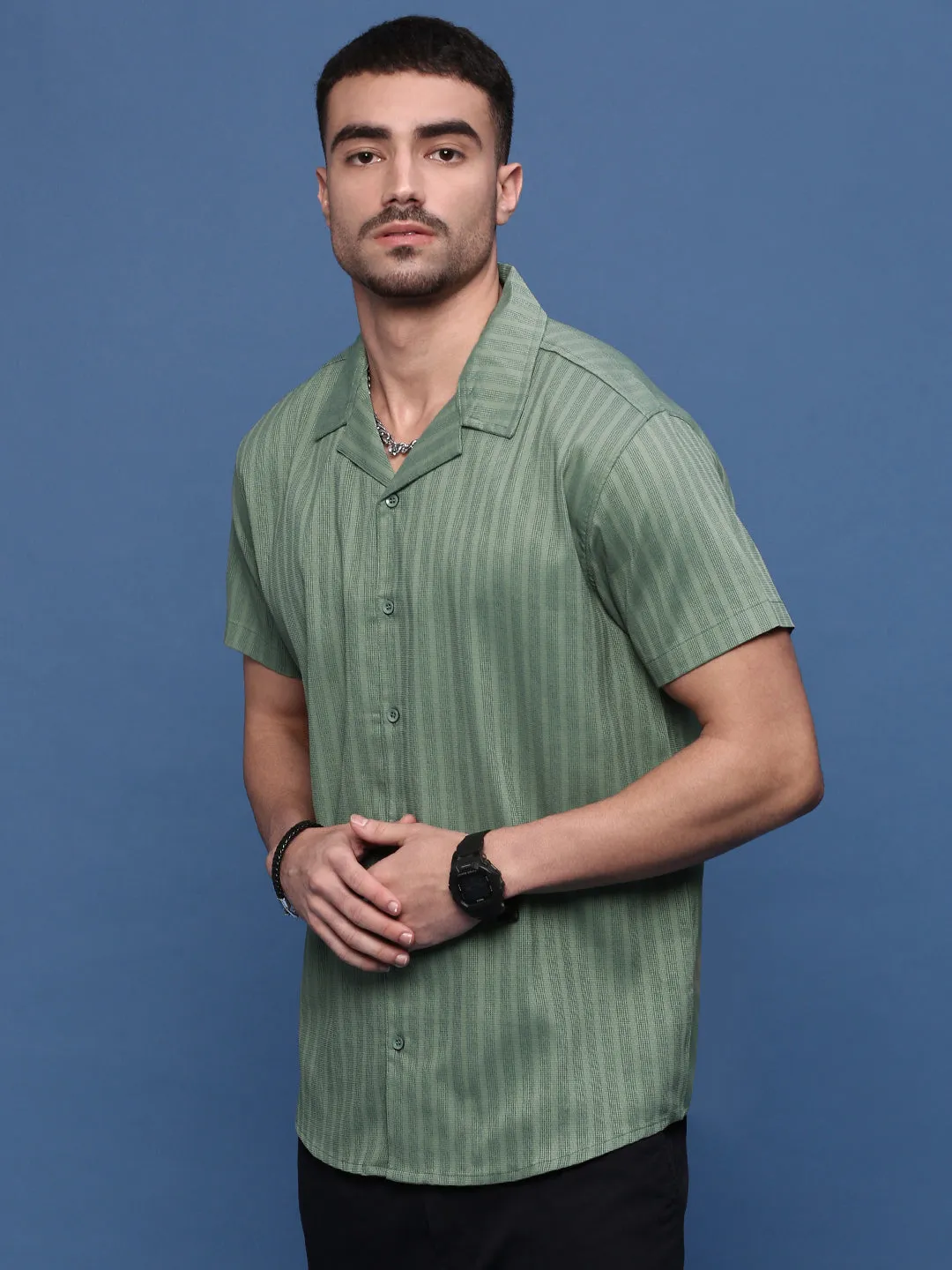 Men's Green Solid Cuban Collar Shirt DurableWeave