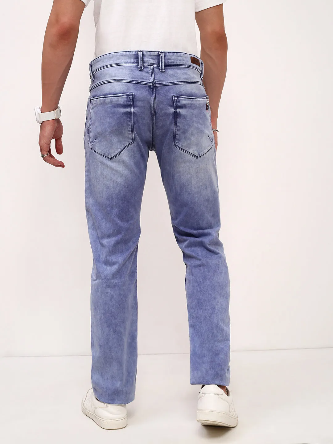 Go Out Style Timeless Appeal Men's Blue Solid Straight Fit Heavy Fade Stretchable Jeans