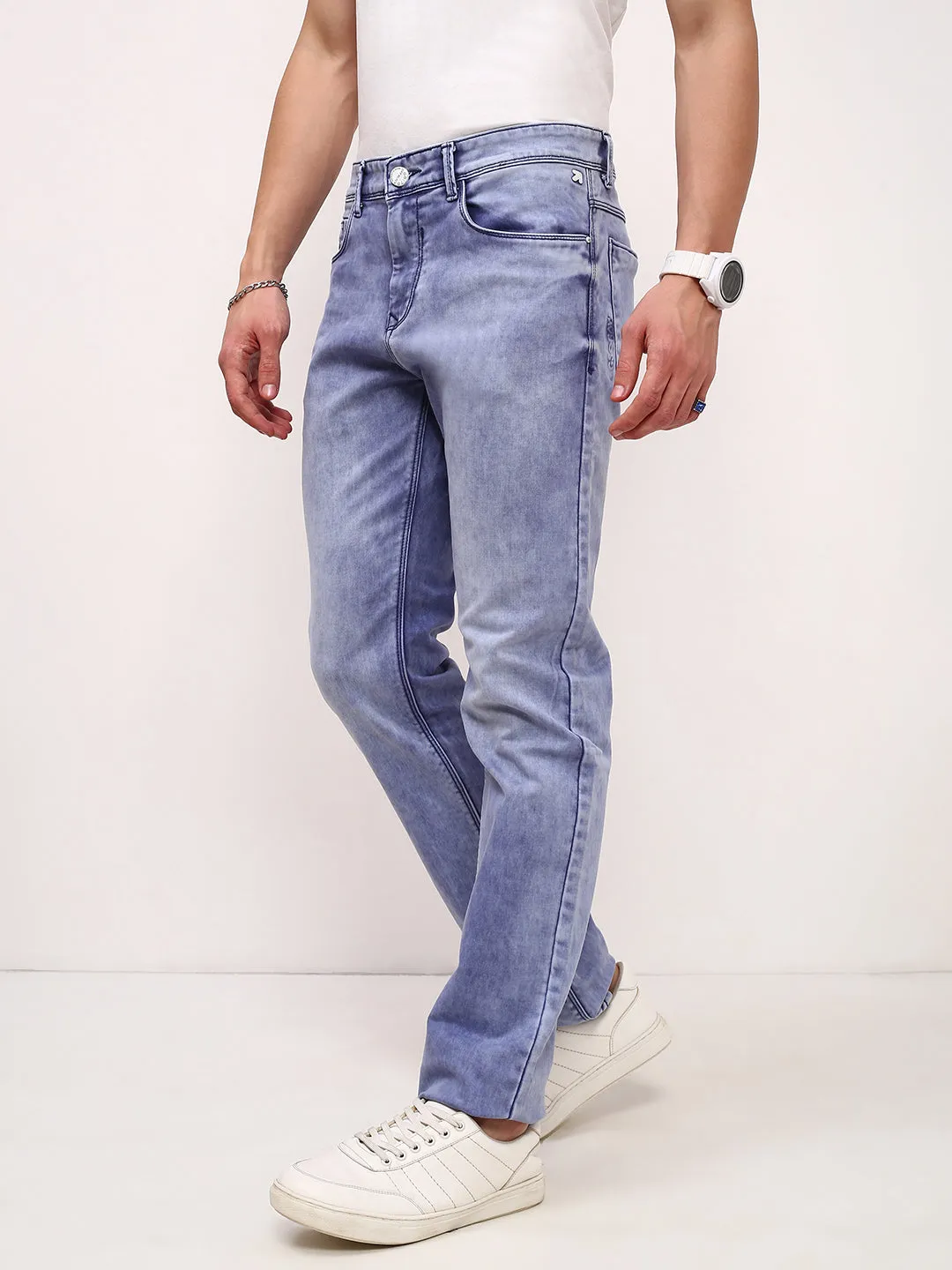 Men's Blue Solid Straight Fit Heavy Fade Stretchable Jeans Casual Smart Casual Unisex Wear
