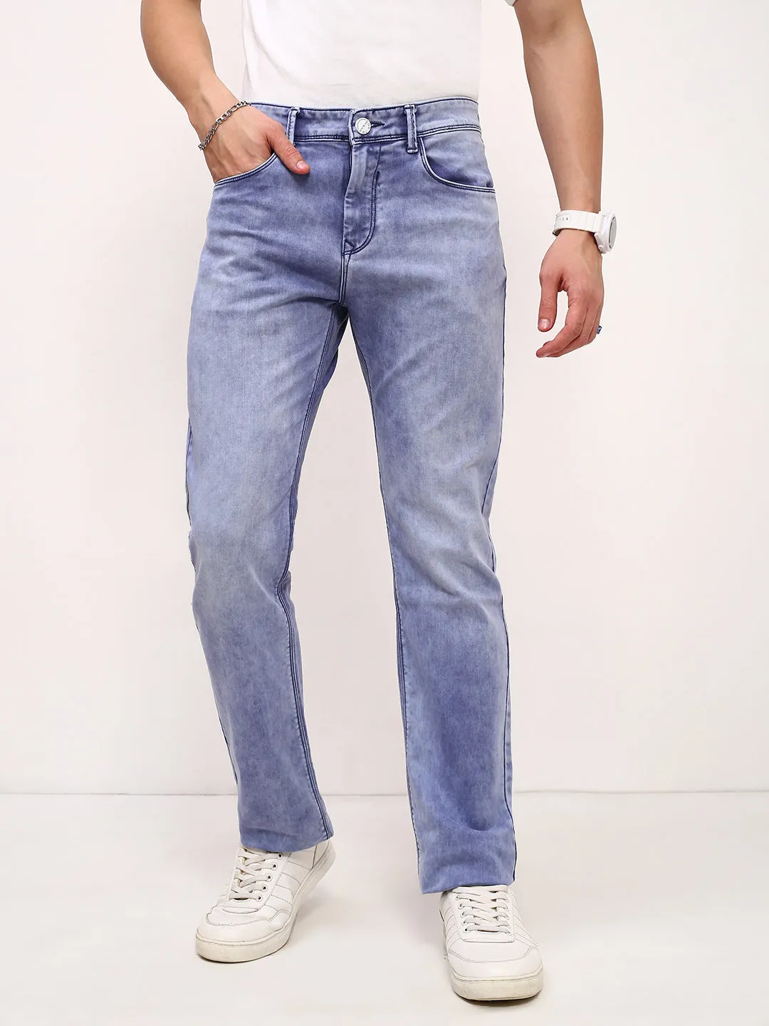 Smart Casual Neutral Men's Blue Solid Straight Fit Heavy Fade Stretchable Jeans