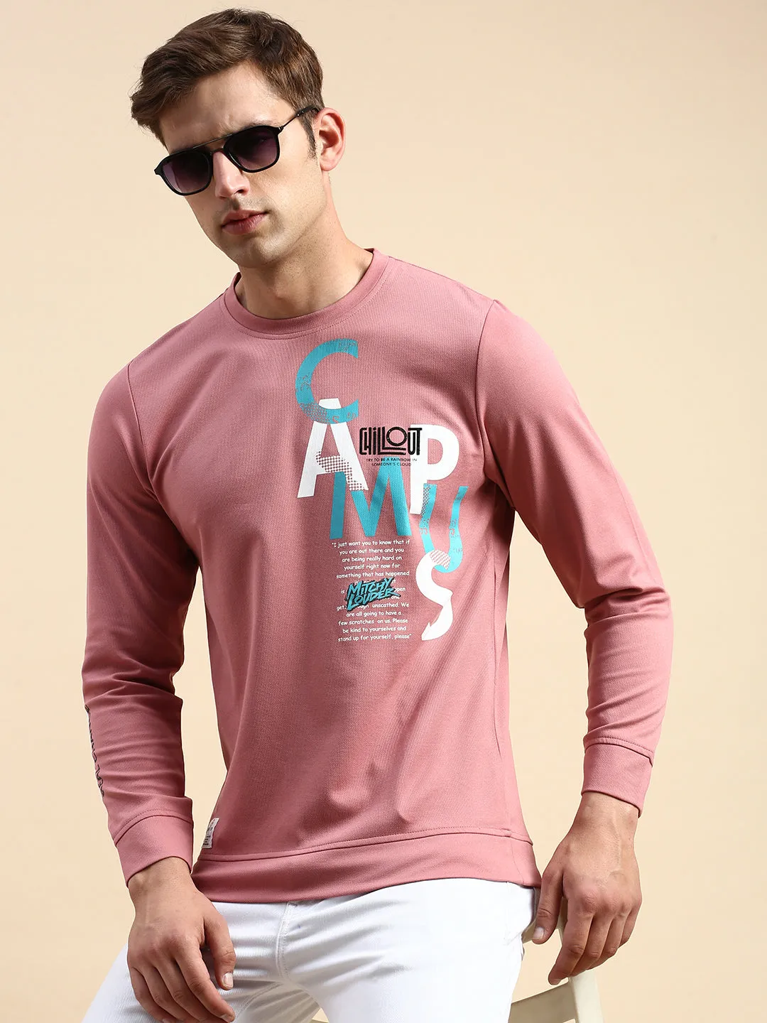 Men's Pink Typography Printed Sweatshirt Snug Wear