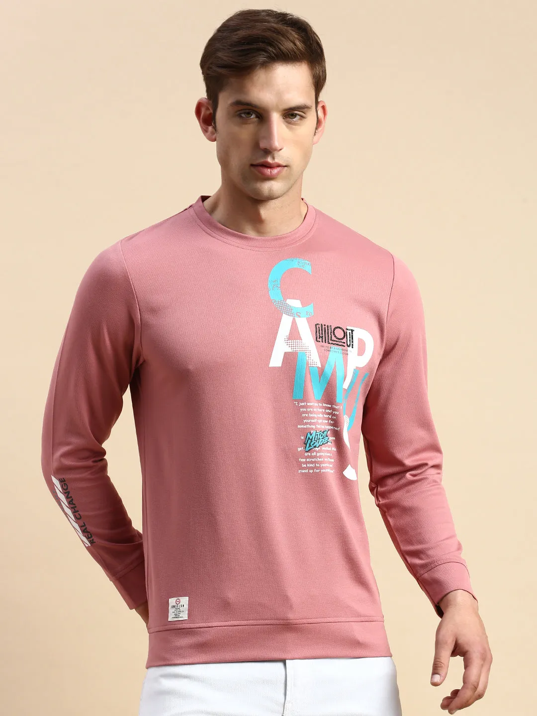 Men's Pink Typography Printed Sweatshirt Silk