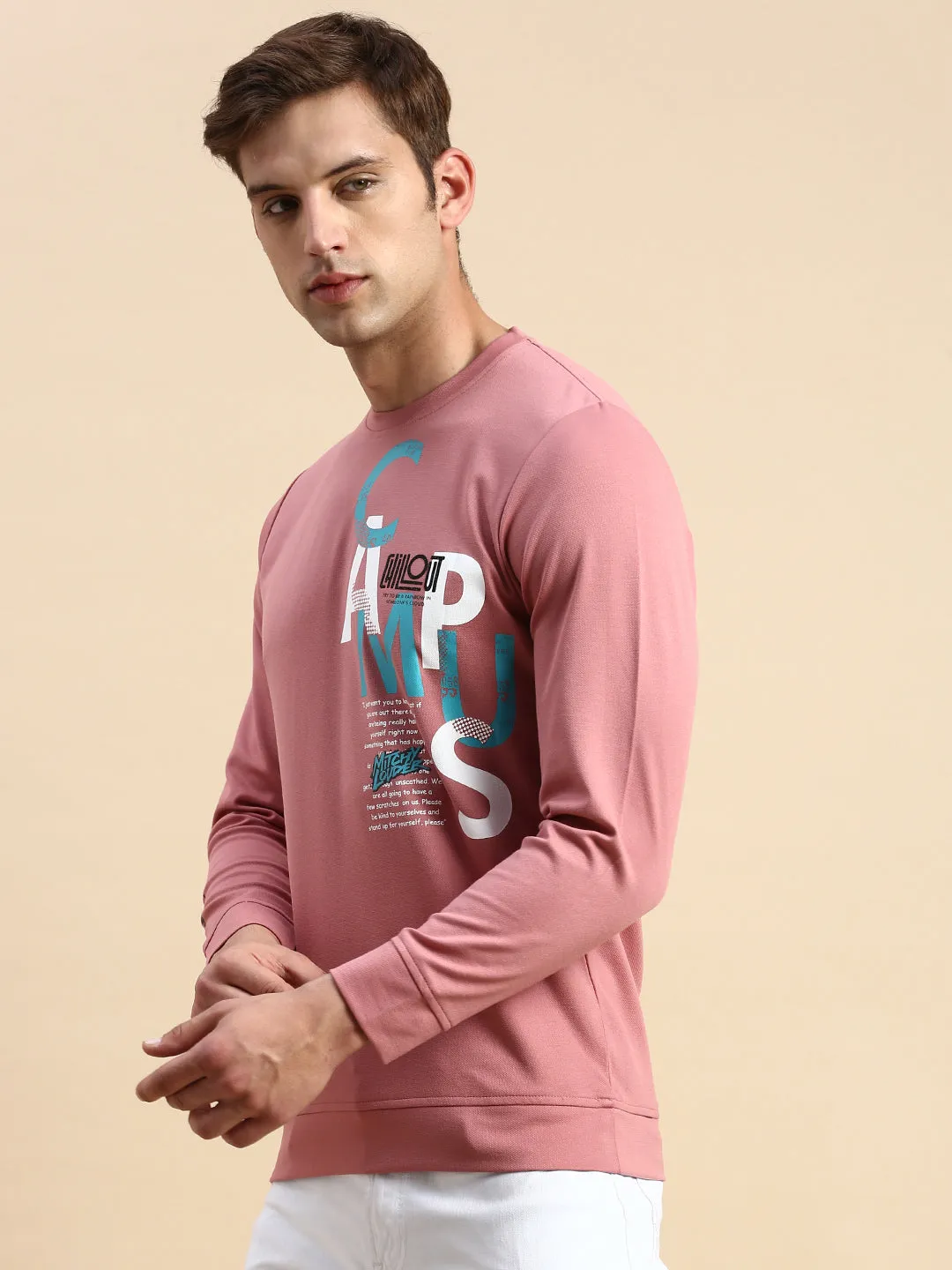 Men's Pink Typography Printed Sweatshirt Weekend Wear Snug Fit