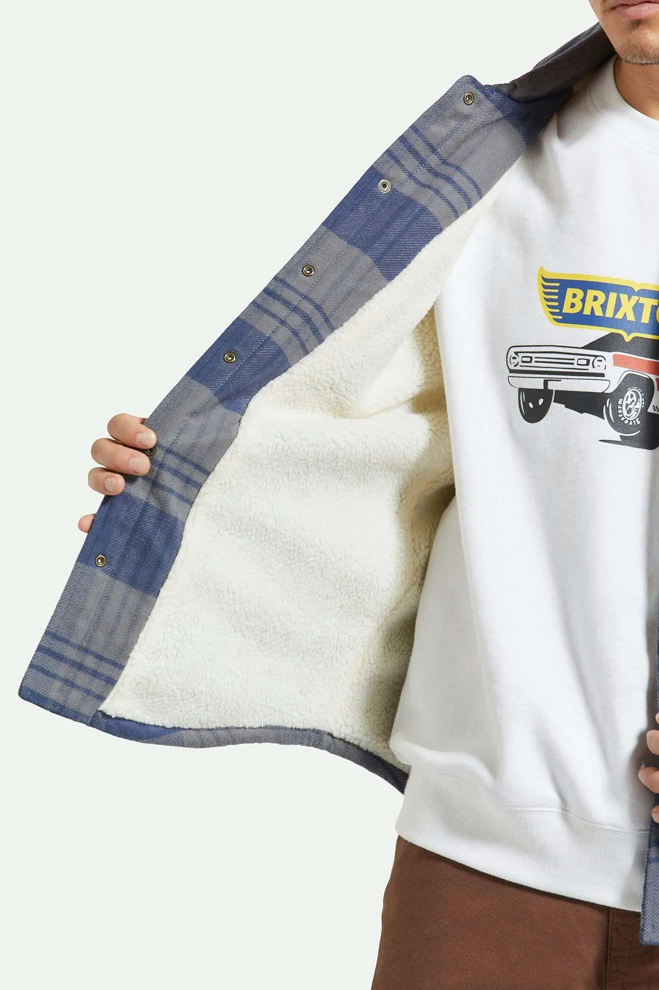 snag resistant Hooded Attachment Durham Sherpa Lined Jacket - Washed Navy/Beige Plaid