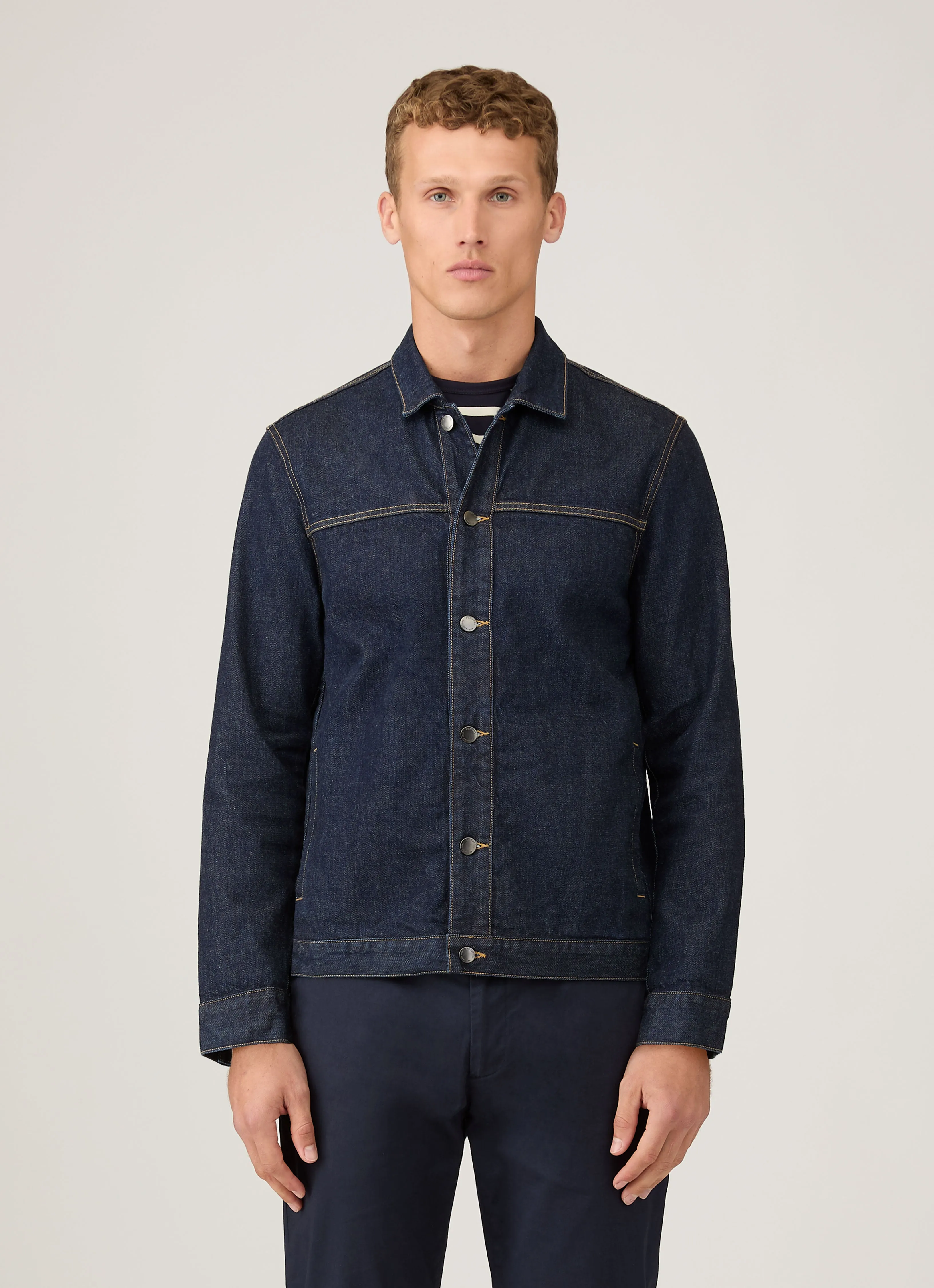 Men's 13oz Japanese Denim Jacket in Rinse Wash Denim SoftshellTexture Classic Zip Up