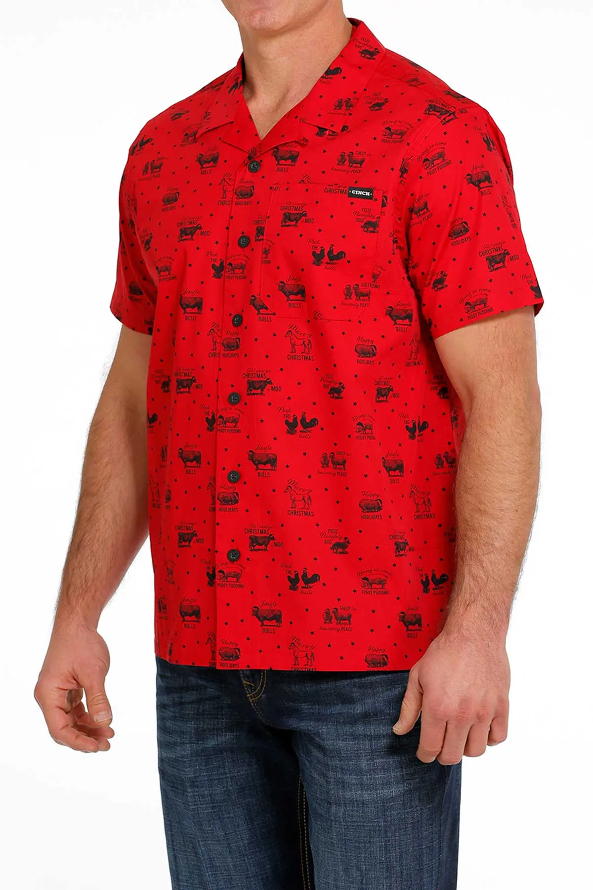 Cinch Men's Jingle Bulls Short Sleeve Christmas Camp Shirt Casual Comfort Layer