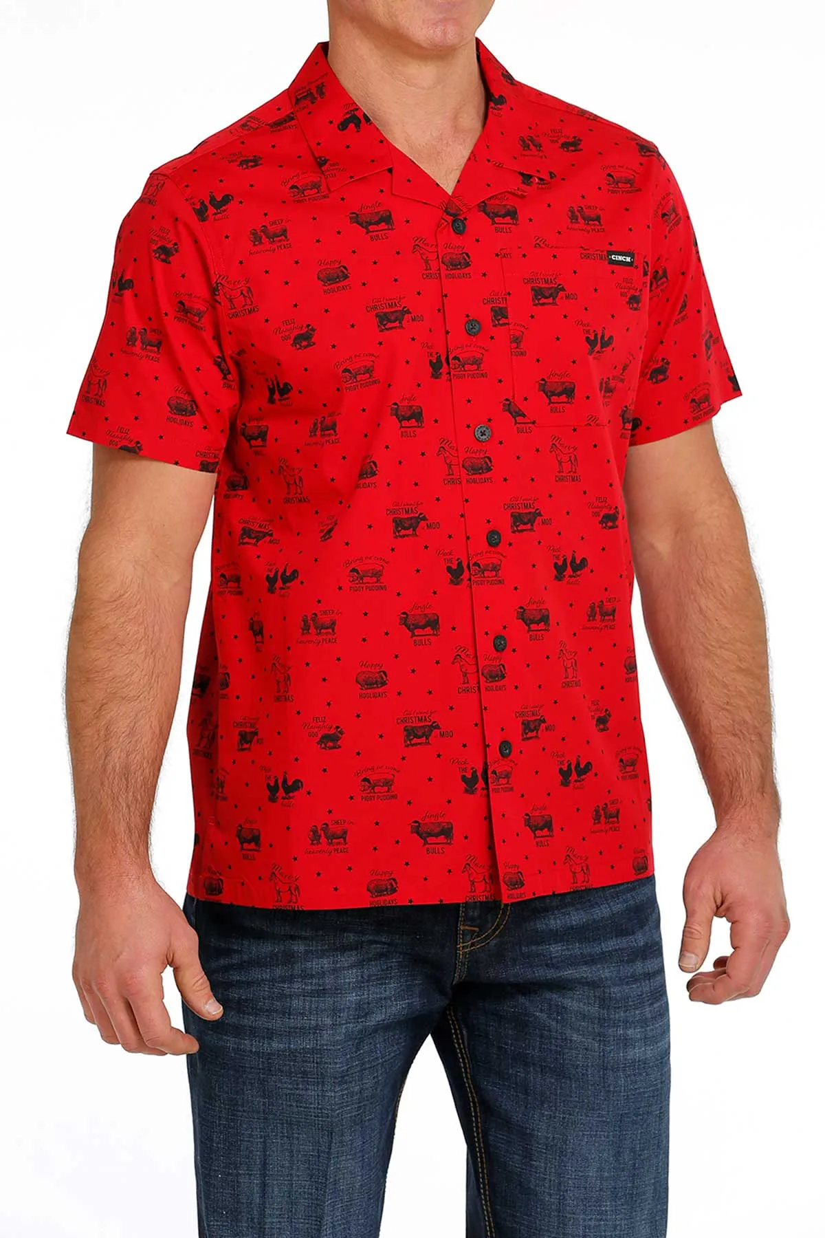 Cinch Men's Jingle Bulls Short Sleeve Christmas Camp Shirt Breathable mesh lining