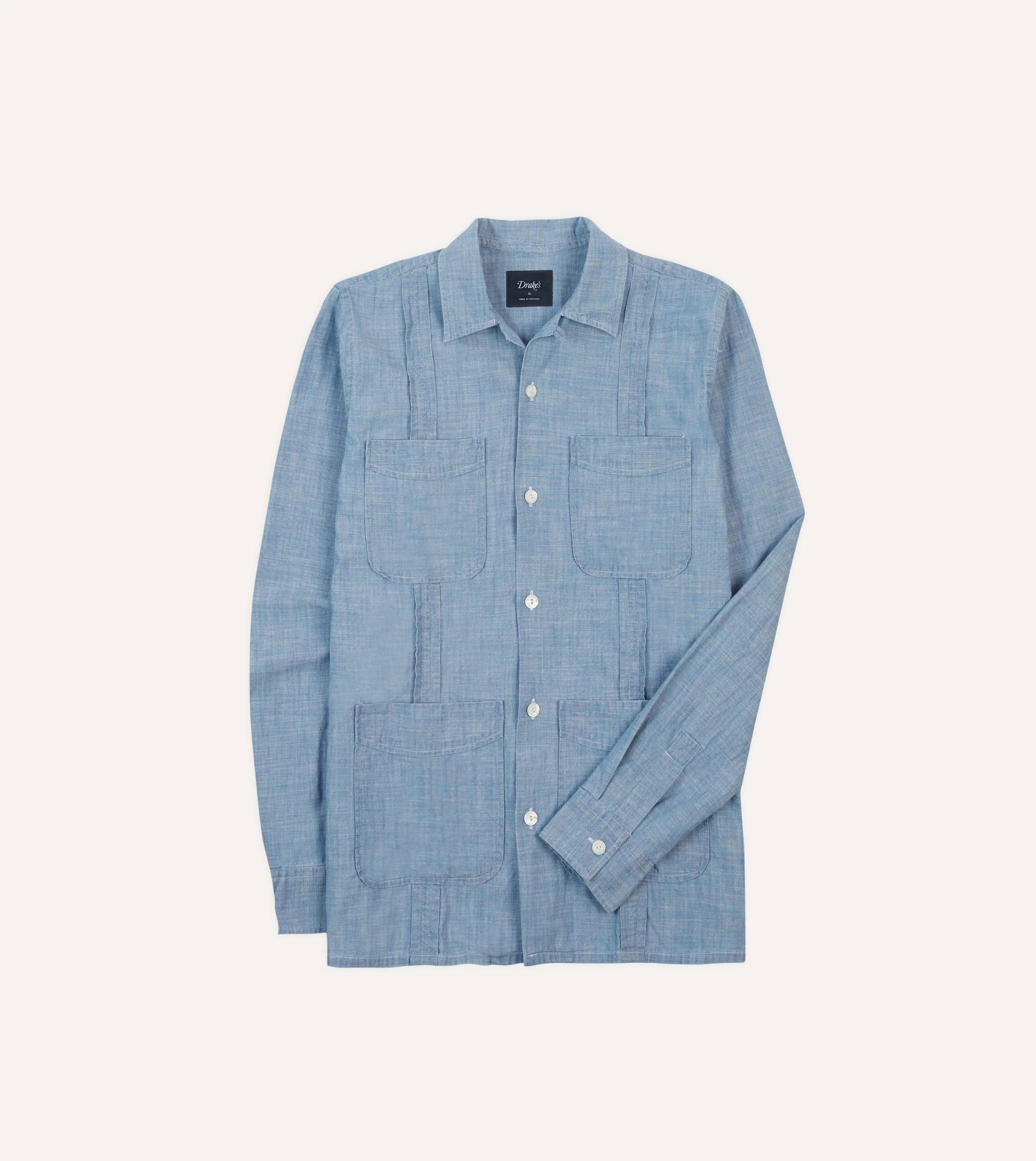 Bleach Wash Chambray Cotton Long Sleeve Cuban Shirt Anti Pilling Finish